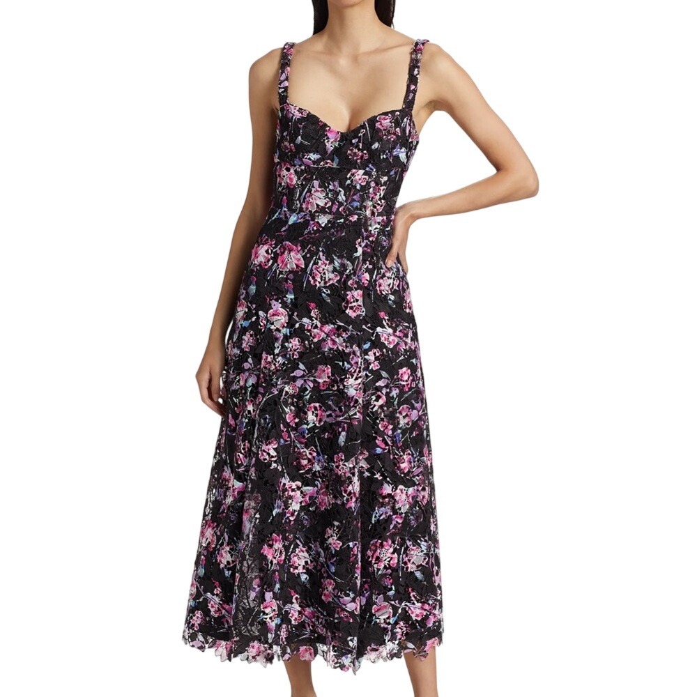 ML Monique Lhuillier Manon Floral Lace Midi Dress Black Multi Size 4 NWT